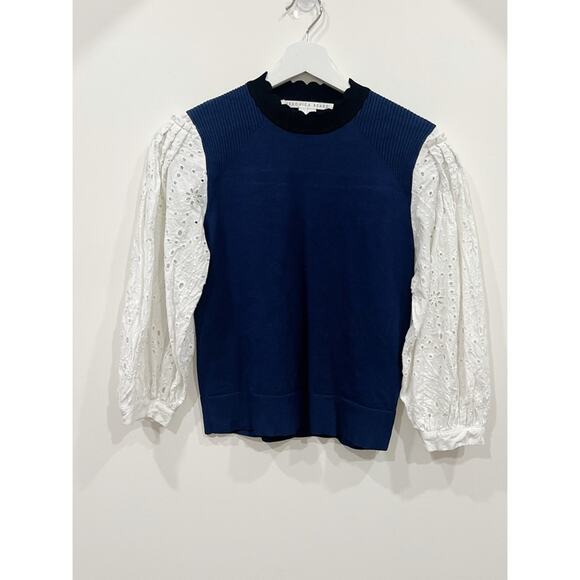 Veronica Beard Roy Navy Mixed Media Pullover with Eyelet Sleeves - Picture 3 of 10